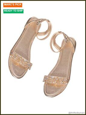 Women's Sparkly Flat Sandals Dressy Metallic Sequin Rhinestone Wedding Shoes